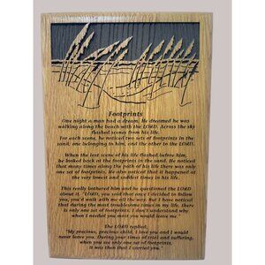 Foot Prints in the Sand on a Solid Oak Plaque Laser Engraved Piece 6.25" x 4.25"